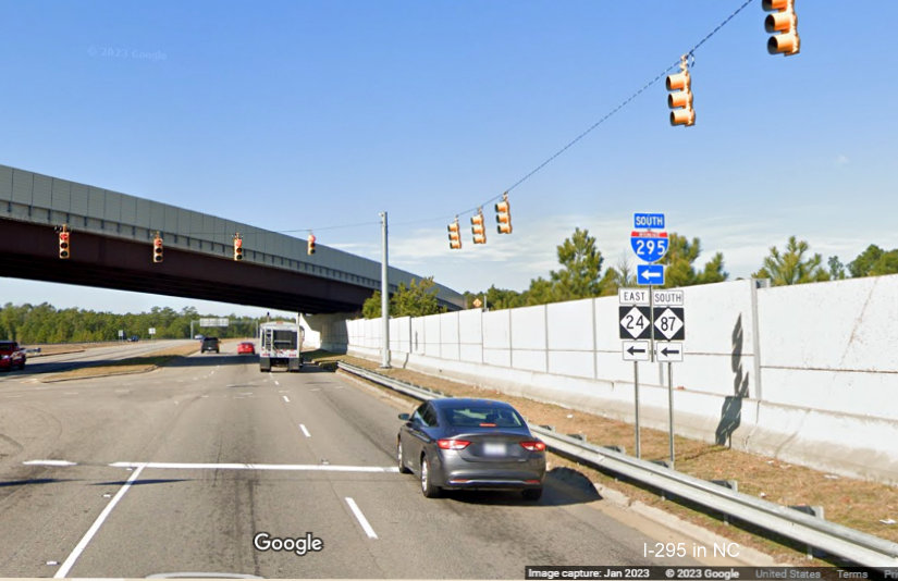Image of South I-295 trailblazer at the Murchison Road interchange, Fayetteville Outer Loop, Google Maps Street View, 
        January 2023
