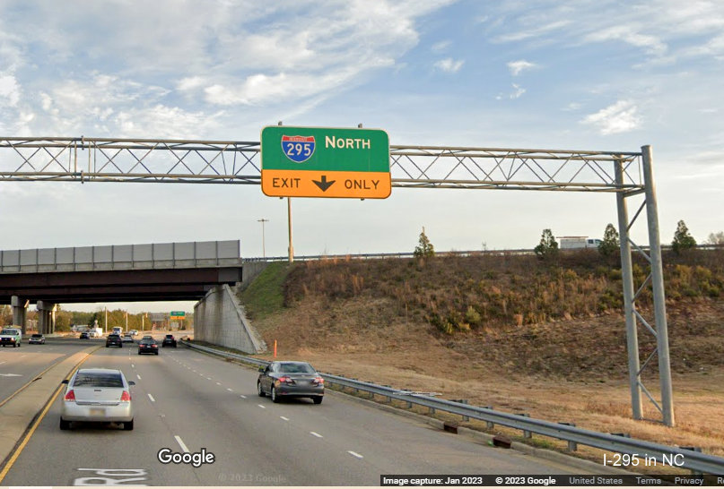 Image of North I-295 ramp sign at the Murchison Road interchange, Fayetteville Outer Loop, Google Maps Street View, 
        January 2023