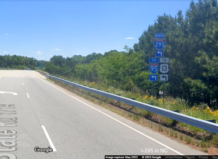 Image of South I-295 trailblazer at River Road, Google Maps Street View, 
        September 2022