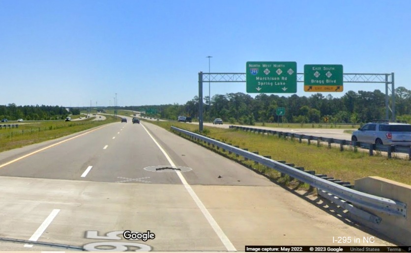 Image of I-295 shield now on Bragg Blvd to Murchison Road C/D ramp from the northbound Fayetteville Outer Loop, Google Maps Street View, 
        May 2022