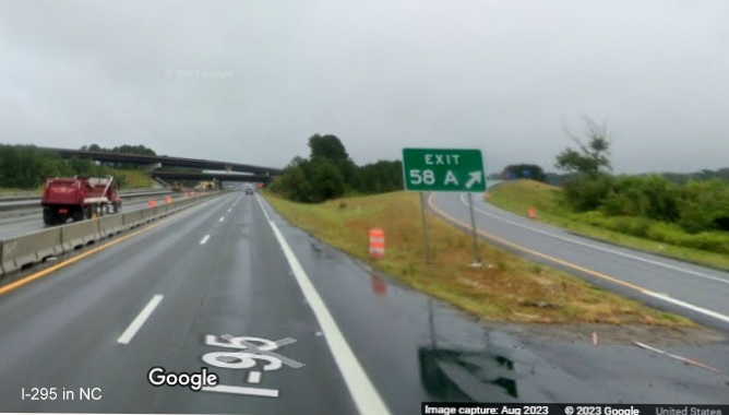 Image of new gore sign for I-295 South/US 13 North exit on I-95 North in 
	  Parkton, Google Maps Street View, August 2023