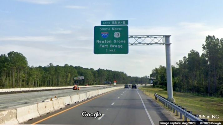 Image of new 1 Mile advance overhead sign for I-295 South/US 13 North exit 
	  on I-95 North in Parkton, Google Maps Street View, August 2023