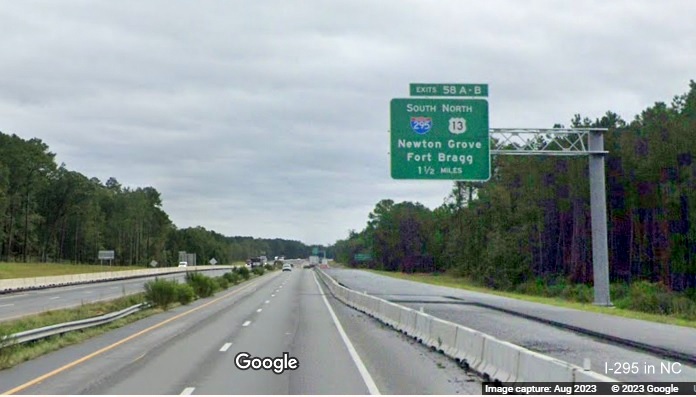 Image of new 1 1/2 Miles advance overhead sign for I-295 South/US 13 North 
	  exits on I-95 North in Parkton, Google Maps Street View, August 2023