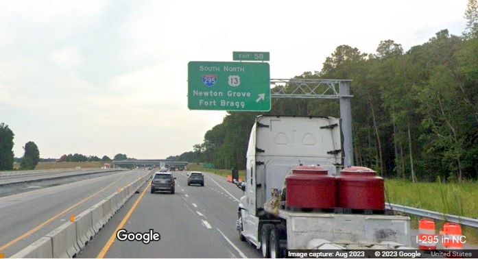 Image of overhead ramp sign for I-295 South/US 13 North exit on I-95 South 
	  in Parkton, Google Maps Street View, August 2023