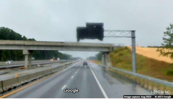 Image of covered over overhead ramp sign for future I-295 South exit on 
	  I-95 North in Parkton, Google Maps Street View, August 2023