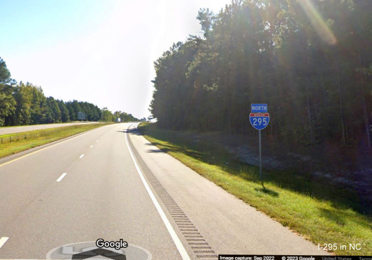 Image of North I-295 reassurance marker after US 401 Lillington interchange, Google Maps Street View, 
        September 2022