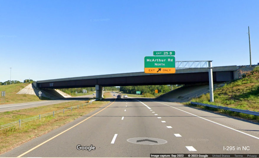 Image of overhead ramp sign for McArthur Road North exit on I-295 South, Fayetteville Outer Loop, Google Maps Street View, 
        September 2022