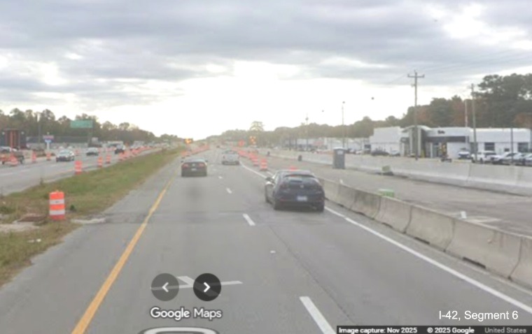 Image of frontage road construction along US 70 East in James City near Airport 
		Road, Google Maps Street View, November 2025