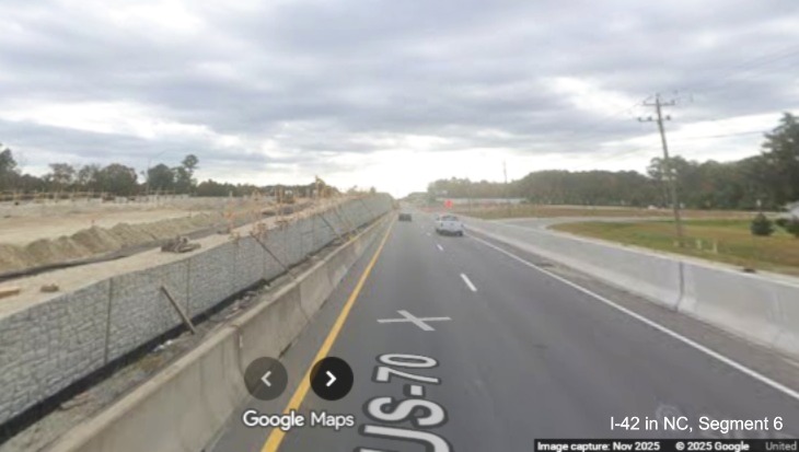 Image of future roadway construction along US 70 East in James City near Grantham 
		Road interchange, Google Maps Street View, November 2025