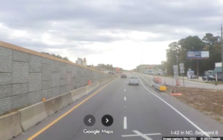 Image of bridge construction on US 70 East in James City at Grantham Road, 
		Google Maps Street View, November 2025