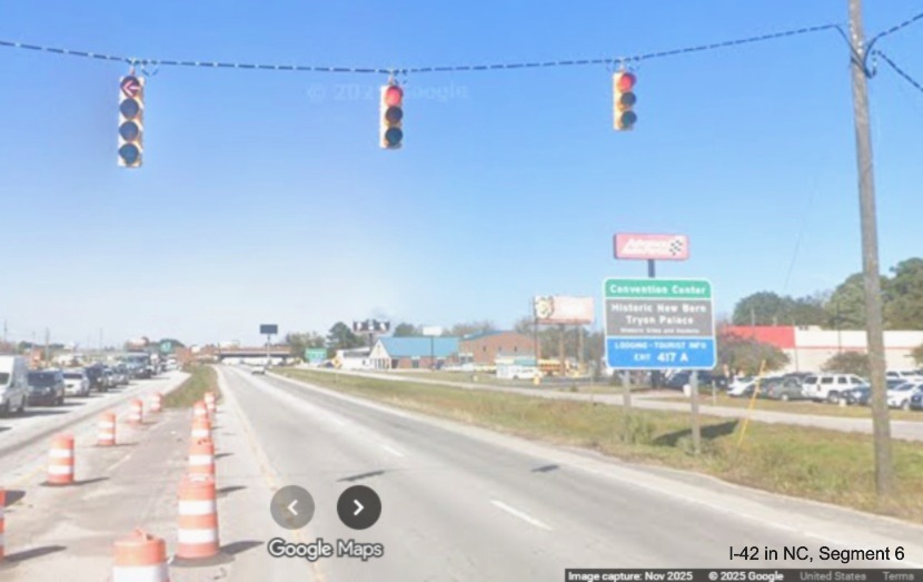Image of road construction on US 70 West in James City at Williams Road, 
		Google Maps Street View, November 2025