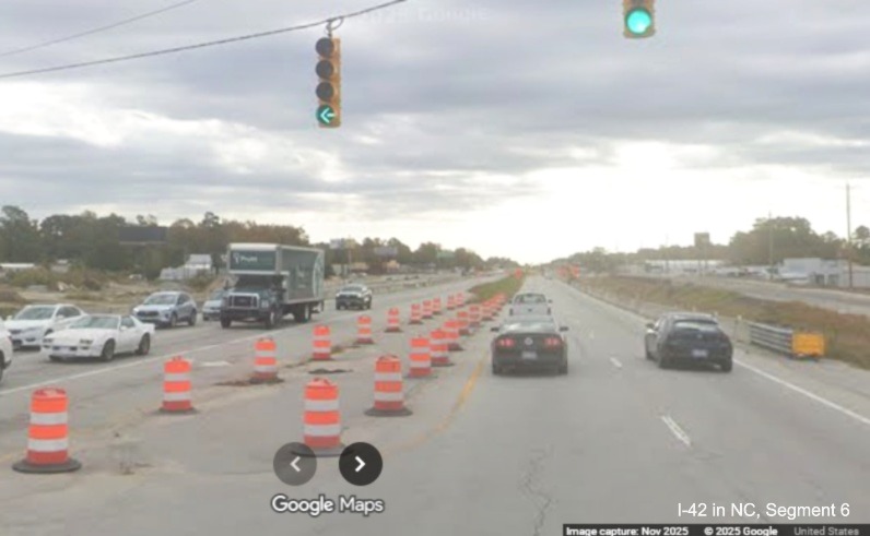 Image of US 70 East st Williams Road intersection in James City construction zone, 
		Google Maps Street View, November 2025
