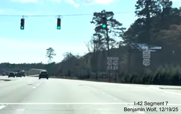 Image of new East Business US 70 reassurance marker traffic after taking exit from
	US 70 (Future I-42) East at the start of the Havelock Bypass, Screen grab from Benjamin Wolf video, December 2025