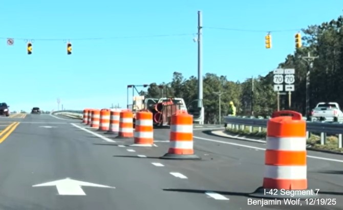 Image of US 70 trailblazers on Lake Road heading south at new interchange
	with the US 70 (Future I-42) East Havelock Bypass, Screen grab from Benjamin Wolf video, December 2025