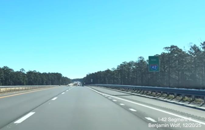 Image of a Future I-42 sign after the Lake Road exit on the US 
	70 (Future I-42) East Havelock Bypass, Screen grab from Benjamin Wolf video, December 2025