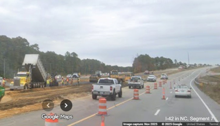 Image of road construction along US 70 East approaching the eastern end of 
	future Havelock Bypass,	Google Maps Street View, November 2025
