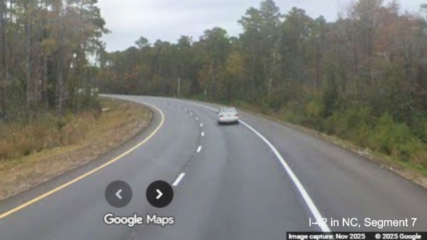 Image of US 70 East lanes approaching the future end of the I-42 Havelock Bypass, 
	Google Maps Street View, November 2025