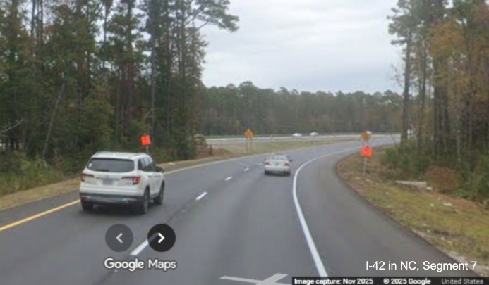 Image of US 70 East lanes nearing the future end of the I-42 Havelock Bypass, 
	Google Maps Street View, November 2025