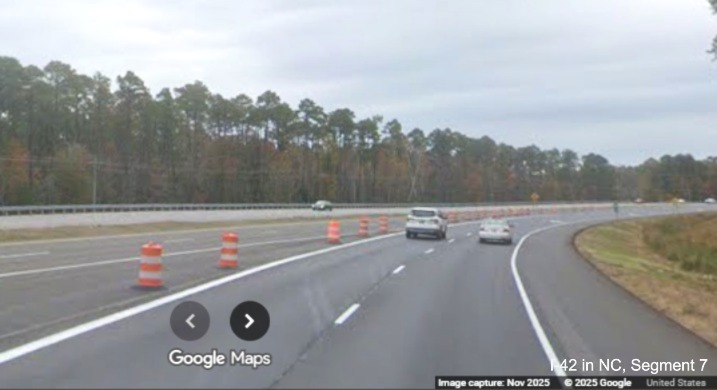 Image of US 70 East lanes merging with the future end of the I-42 Havelock Bypass, 
	Google Maps Street View, November 2025