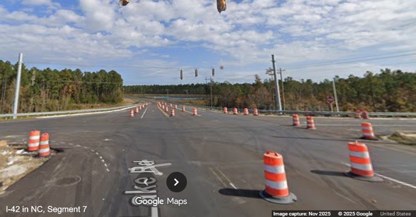 Image looking north on Lake Road through future exit ramps from the westbound
	Havelock Bypass, Google Maps Street View, November 2025