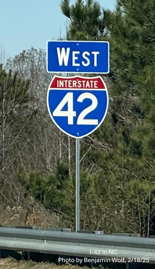 Image of newly placed I-42 West reassurance marker after US 70 exit on Clayton
Bypass, by Benjamin Wolf, February 2025