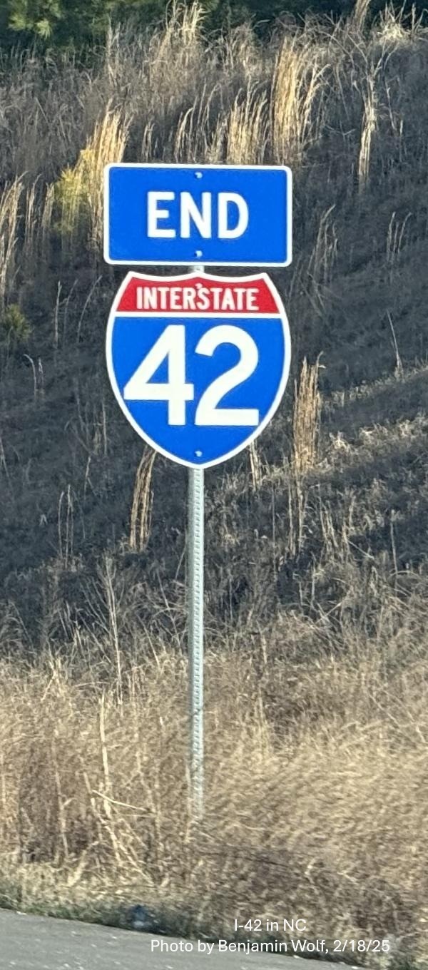 Image of new End I-42 sign prior to the I-40 exit at the end of the
Clayton Bypass, by Benjamin Wolf, February 2025
