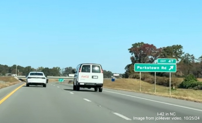Image of renumbered exit sign for Parkstown Road exit on I-42 West/Goldsboro Bypass, from jcil4ever
video, October 2024
