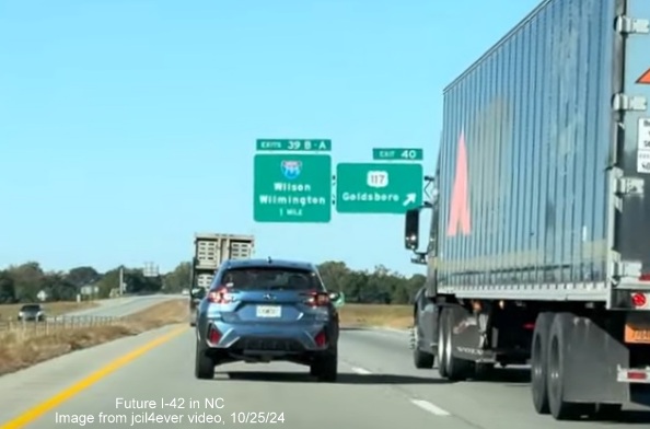 Image of renumbered exit sign for US 117 exit on I-42 West/Goldsboro Bypass, from jcil4ever video,
October 2024