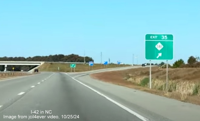 Image of renumbered exit sign for NC 381 exit on I-42 West/Goldsboro Bypass, from jcil4ever video,
October 2024