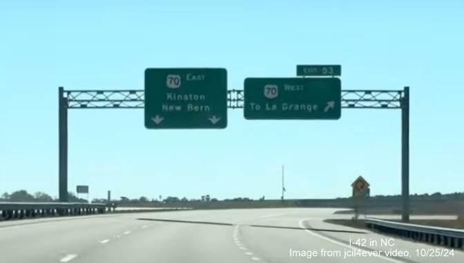 Image of renumbered exit sign for US 70 West exit on I-42 East/Goldsboro Bypass, from jcil4ever video,
October 2024