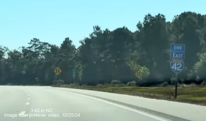 Image of End East I-42 signe at end of Goldsboro Bypass, from jcil4ever video,
October 2024