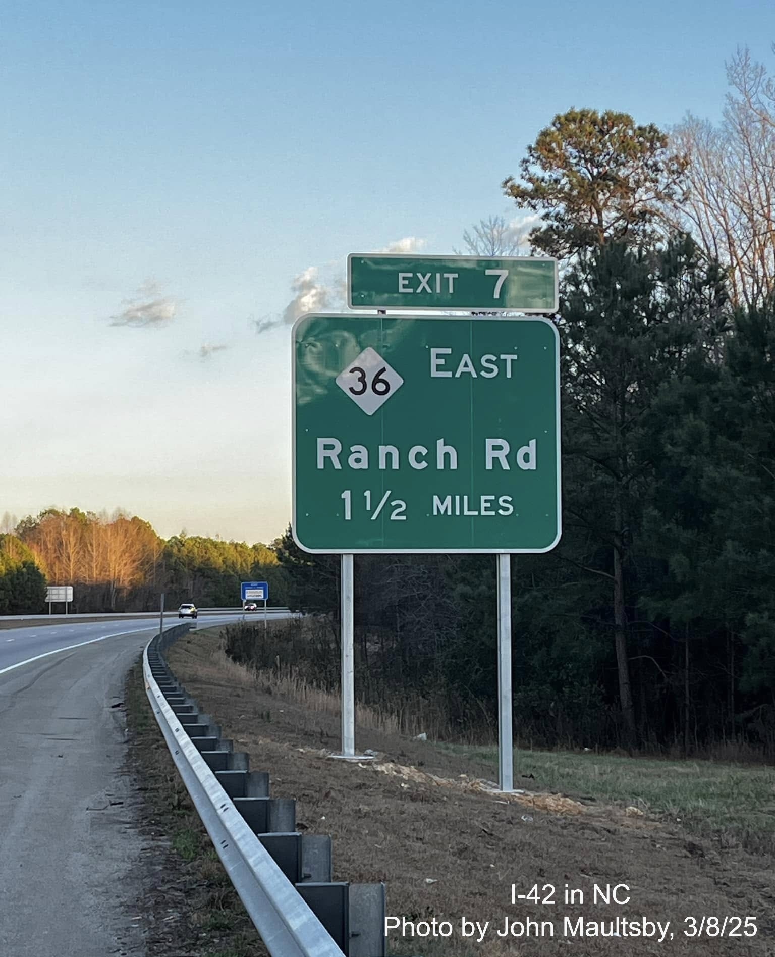 Image of newly placed NC 36 East 1 1/2 mile advance sign on I-42 West Clayton
Bypass, by John Maultsby, March 2025