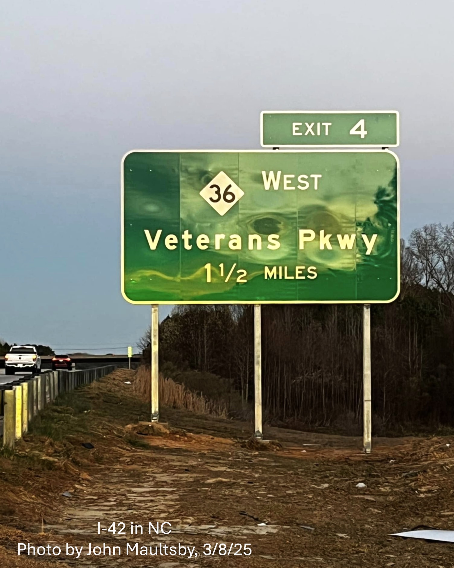 Image of newly placed NC 36 West 1 1/2 mile advance sign on I-42 West Clayton
Bypass, by John Maultsby, March 2025