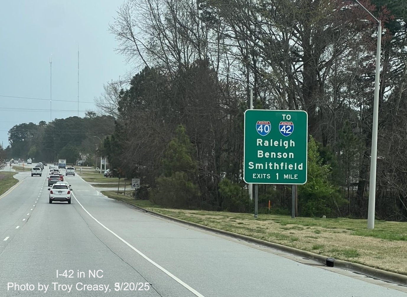 Image of newly placed I-42 shield on 1 mile advance sign for I-40 ramps on Business
US 70 East in Garner, by Troy Creasy, March 2025