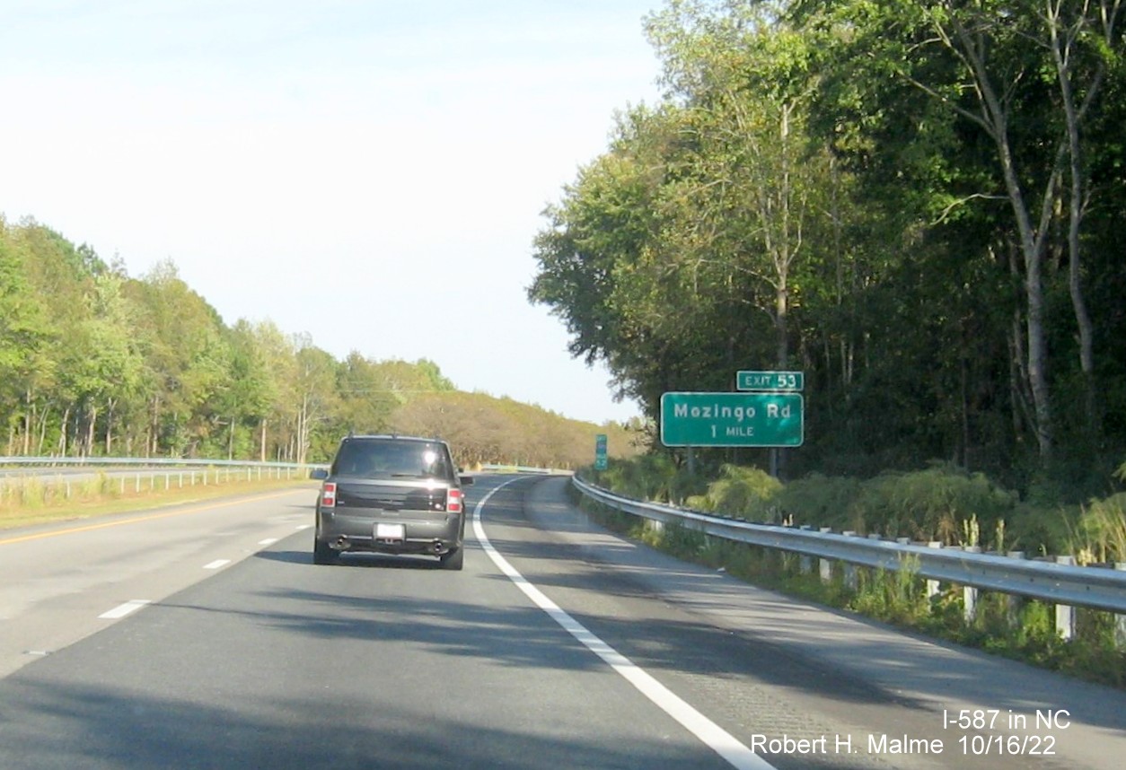 Image of 1 mile advance sign for Mozingo Road exit with new I-587 milepost exit number on I-587 East in Greenville, October 2022
