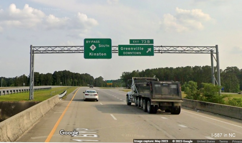 Image of signage at Greenville Downtown exit with with lack of US 264 shield, Google Maps Street View, May 2023