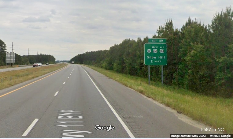 Image of updated 1 mile advance sign for US 13/US 264 West/Alt US 264 East on NC 11 Bypass South in Greenville, Google Maps Street View, May 2023