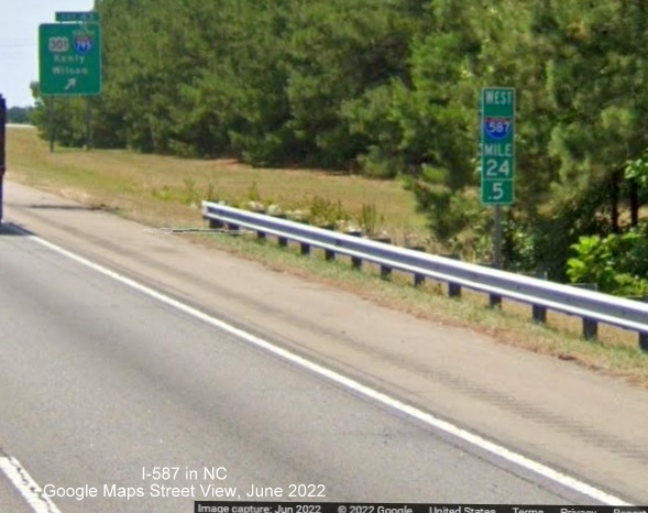 Image of recently placed West I-587 mile marker in Wilson, Google Maps Street View, June 2022