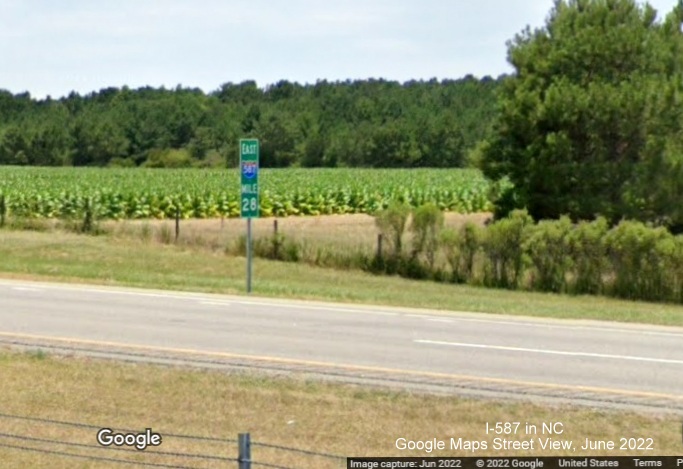 Image of recently placed East I-587 mile marker in Wilson, Google Maps Street View, June 2022