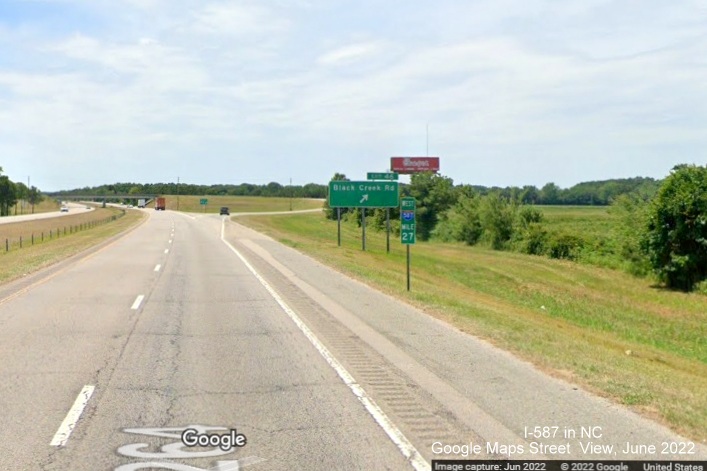 Image of recently placed West I-587 mile marker in Wilson, Google Maps Street View, June 2022