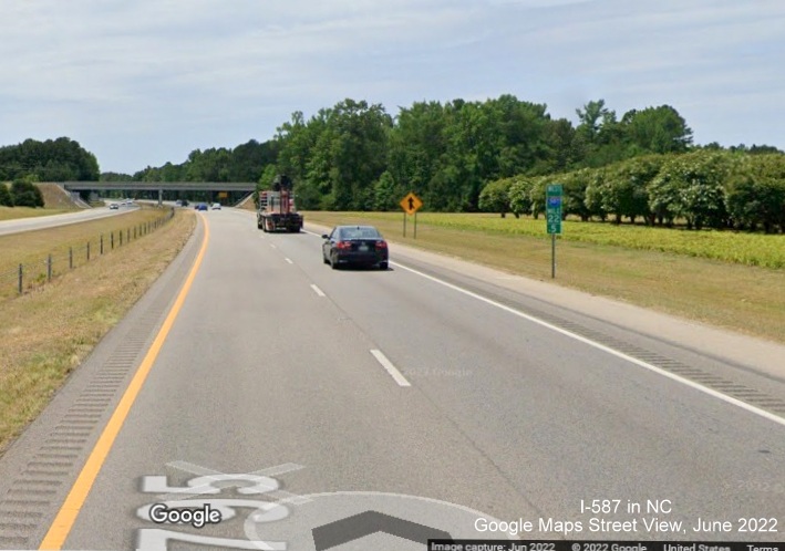 Image of recently placed West I-587 mile marker in Wilson, Google Maps Street View, June 2022