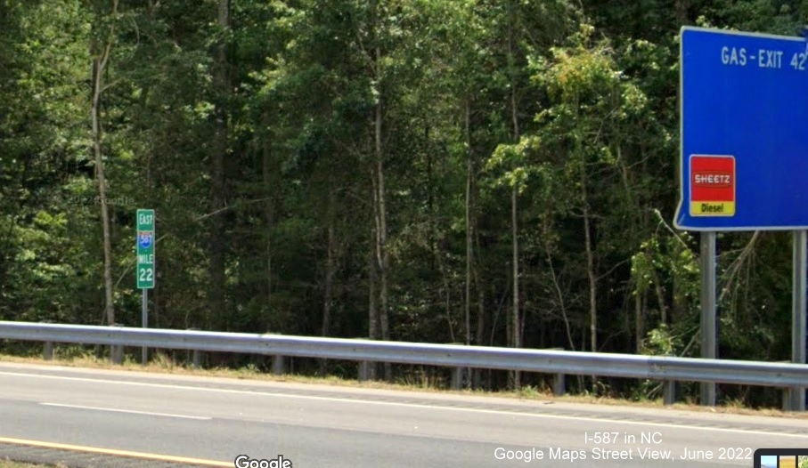 Image of recently placed East I-587 mile marker in Wilson, Google Maps Street View, June 2022