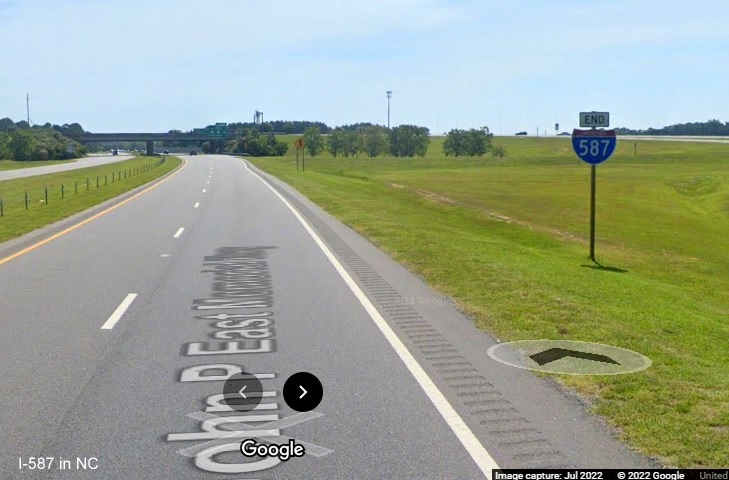 Image of the End sign for I-587 East at the US 264/NC 11 Bypass exit in Greenville, Google Maps Street View image, July 2022