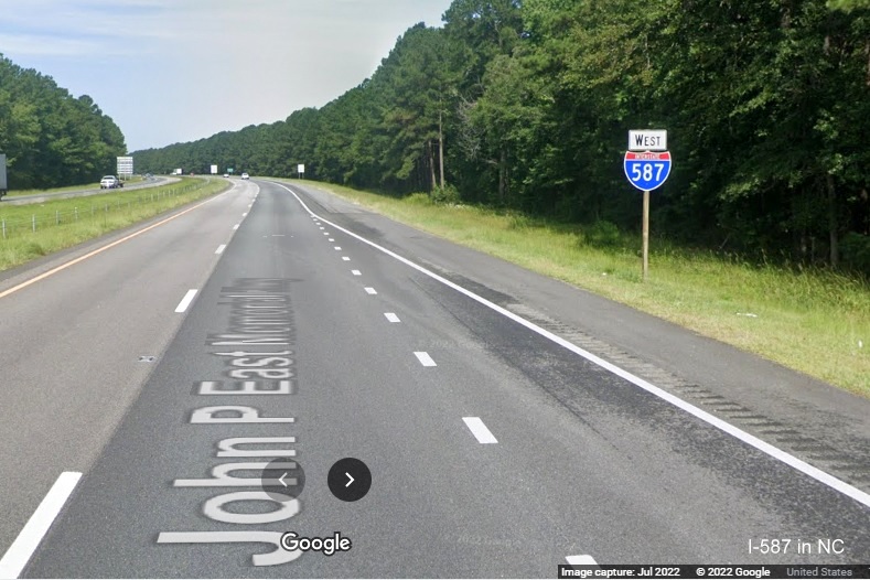 Image of first West I-587 reassurance marker beyond the US 264/NC 11 Bypass exit in Greenville, Google Maps Street View image, July 2022