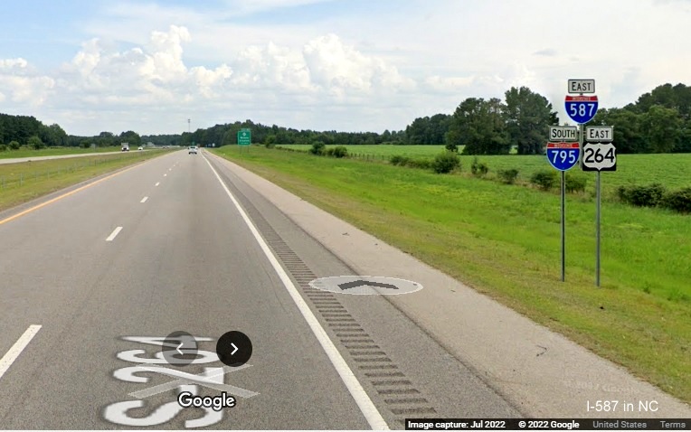 Image of first I-587/I-795/US 264 reassurance marker assembly after I-95 exit 
	in Wilson, Google Maps Street View image, July 2022