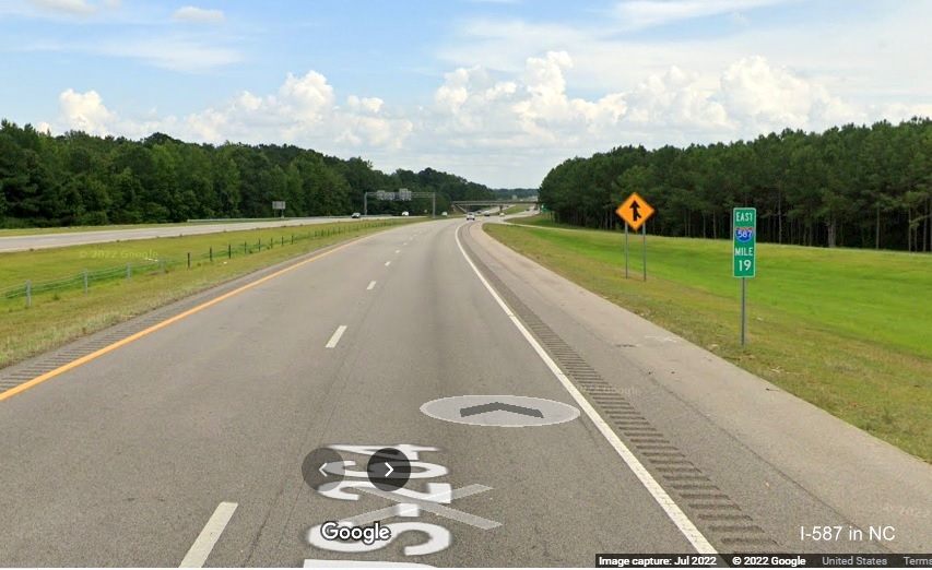 Image of first East I-587 mile marker at I-95 interchange in Wilson, Google Maps 
	Street View image, July 2022