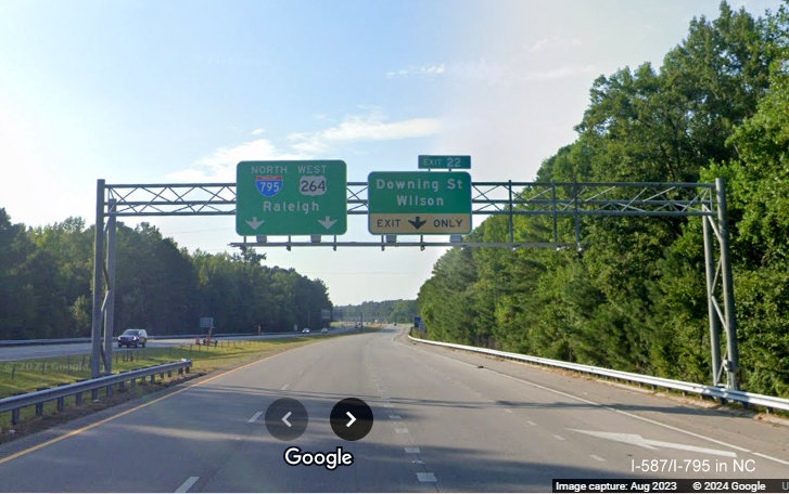 Image of overhead signage for US 301 exit on I-795 North in Wilson still without I-587 shields,
Google Maps Street View, August 2023