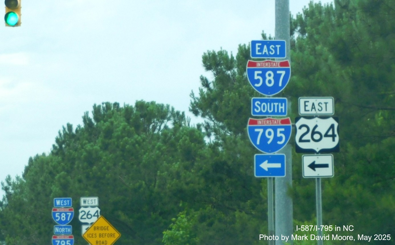 Image of West I-587/North I-785 and West US 254 trailblazers on NC 42 East, 
	by Adam Prince, May 2024