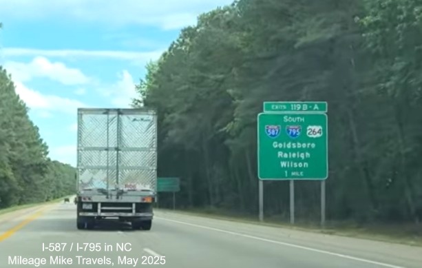 Image of new 1 Mile advance sign with I-587 shield on I-95 South in Wilson, by Mileage
Mike Travels, May 2025