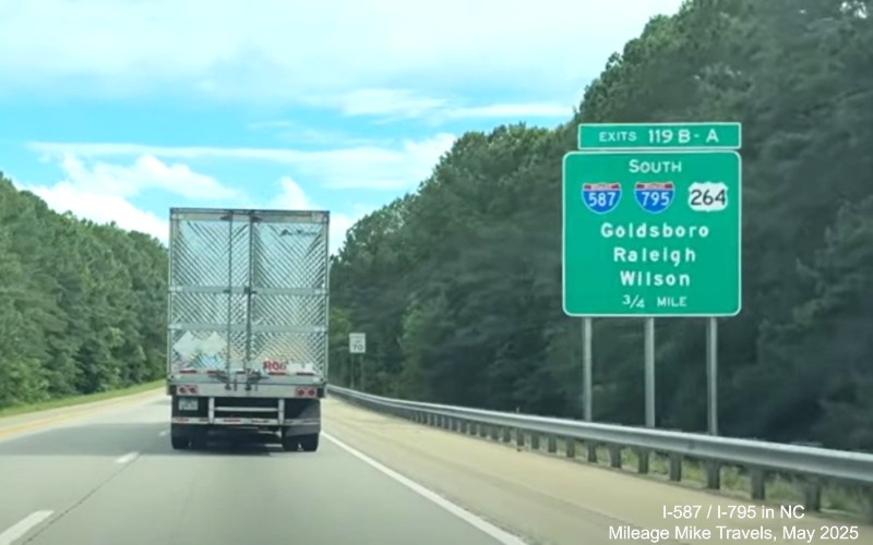 Image of new 3/4 Mile advance sign with I-587 shield on I-95 South in Wilson, by Mileage
Mike Travels, May 2025